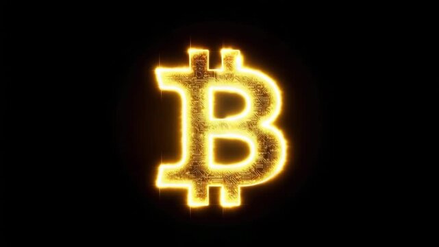 Golden glowing bitcoin logo on black 