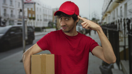Delivery man in red shirt holds package and points finger to head on city street lined with...
