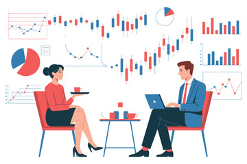 Business meeting with financial charts and data analysis in the background