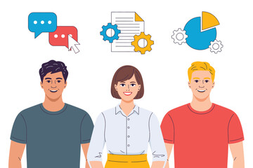Three people with icons of communication document and chart above them