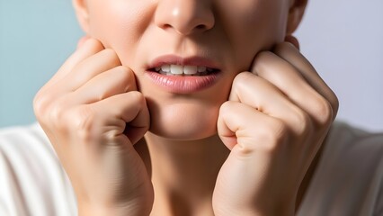 Young woman suffering from a severe toothache or jaw pain, holding her cheeks due to dental problems or temporomandibular joint disorder