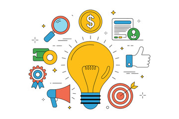 Illustration of a lightbulb surrounded by marketing and business icons