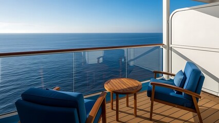 Fototapeta premium Serene balcony view of the vast ocean from a cruise ship with comfortable seating and a small table
