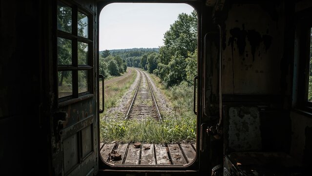 View of railway tracks extending into the distance through a train door, surrounded by green trees and a blue sky. - Powered by Adobe