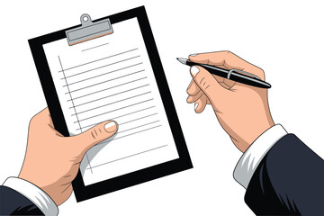 Illustration of hands holding a clipboard and pen ready to write on it