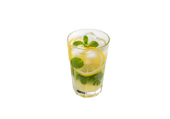 Refreshing lemon mint drink with ice and slices