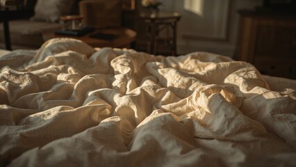 Comfortable bed with rumpled sheets bathed in warm sunlight, creating a cozy and inviting atmosphere in a bedroom setting.