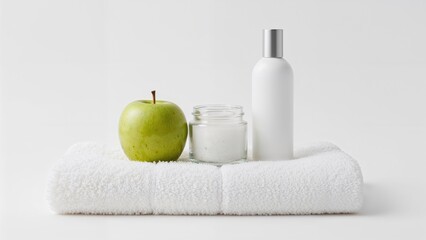 A green apple, a jar of white powder, and a white bottle placed on a rolled-up towel.
