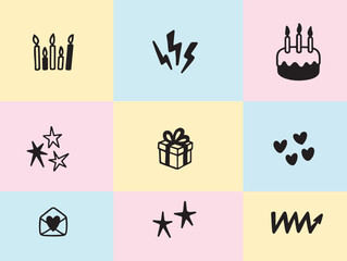 Set of cute hand drawn doodle happy birthday greeting cards, kid party invitations, funny badges, tags, labels, childish posters vector illustration