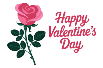 Illustration of a pink rose with leaves and happy valentine's day text