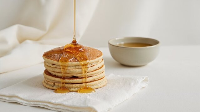 Stack of pancakes with syrup pouring over them, accompanied by a cup of coffee. Breakfast, food, and beverage concept. The image of delicious breakfast food.