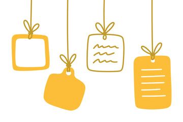 Illustration of four yellow tags hanging from strings on a white background