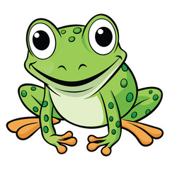 Charming Green Frog Cartoon with Big Eyes and a Cheerful Smile on White Background