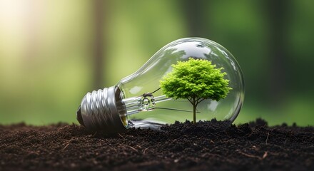 Tree growing inside light bulb on soil concept of green energy