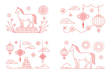 Four illustrations of chinese new year elements in red outline on white background