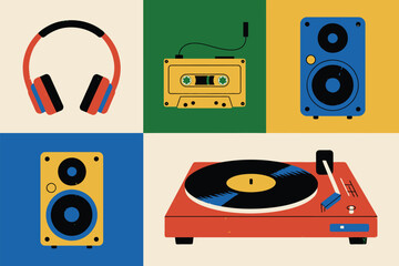 Illustration of retro music equipment including headphones and turntable
