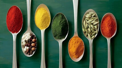 Colorful array of spices displayed in silver spoons on a green background, showcasing vibrant textures and flavors, perfect for culinary inspiration and food photography