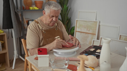 Man potter wearing apron sculpts red clay with hands and wooden tool on a turning wheel in a studio...