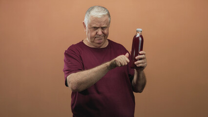Man holding a bottle of pomegranate juice and points finger at viewer in a studio; confidence...
