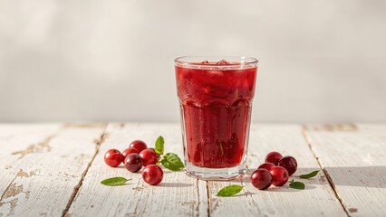 A glass of red juice with cranberries and mint leaves on a white wooden surface. Refreshing drink with berries and natural flavor. Juices and beverages. The concept of healthy drinks.
