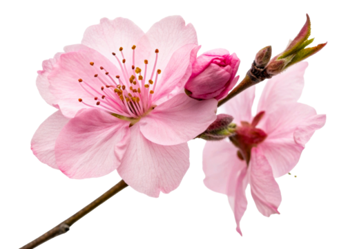 Delicate pink peach blossoms with buds unfurling on a branch, perfect for spring themes, floral arrangements, and nature presentations offering a fresh, natural feel. - Powered by Adobe