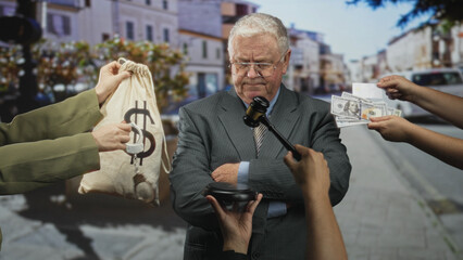 Man in suit with crossed arms as hands offer cash and hold a money bag and handcuffs on a street;...