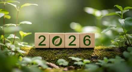 Year 2026 represented by wooden blocks in a forest setting