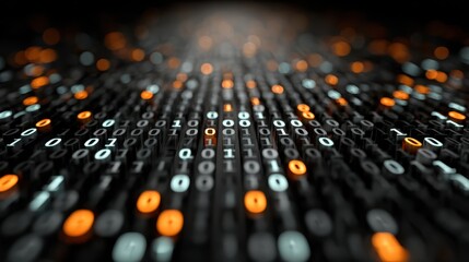 Abstract technology shows binary code streaming with red digital bokeh representing computer technology, artificial intelligence, data management, and information