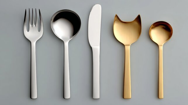 Elegant collection of modern cutlery including a silver fork, spoon, knife, and unique gold spoon, arranged on a soft gray background, showcasing contemporary dining aesthetics and design