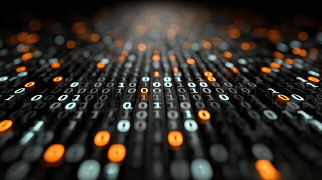 Abstract technology shows binary code streaming with red digital bokeh representing computer technology, artificial intelligence, data management, and information