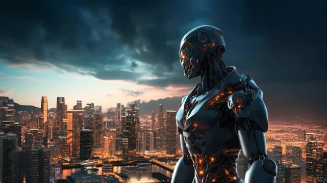 Flying robot over futuristic cityscape at night