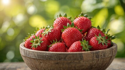Fresh strawberries in a wooden bowl with green foliage background. Juicy and ripe fruit, perfect for healthy snacking or dessert.