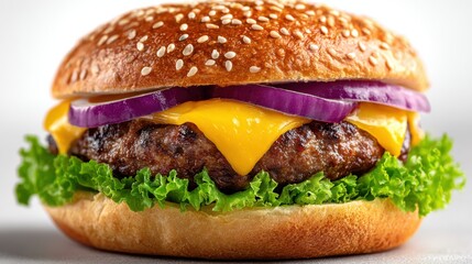 Classic cheeseburger with beef patty, crisp lettuce, red onion, and melted cheese on a sesame seed bun, isolated against a clean white background