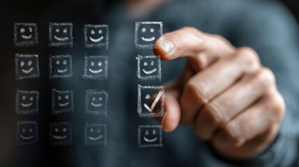 Completing customer satisfaction survey with pencil and wood blocks representing emotions; shows importance of building trust and encouraging loyalty