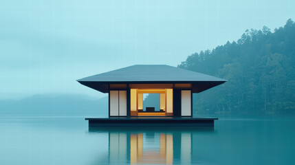 Serene floating pavilion on misty lake at dawn with warm interior light and minimalist architecture