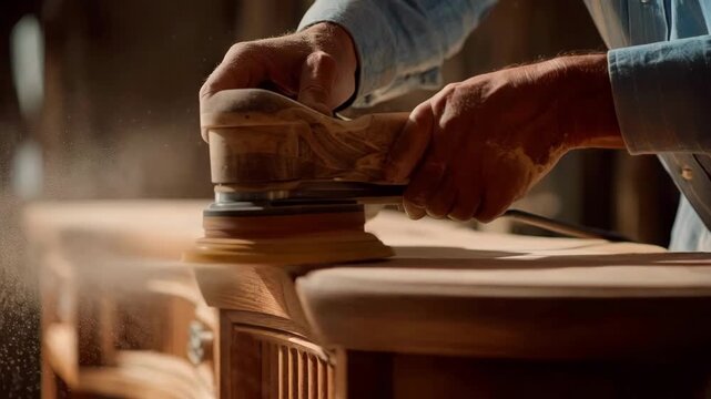 Medium shot focusing on the sanding and polishing process of a cherry wood television stand emphasizing warm tones and vintage craftsmanship