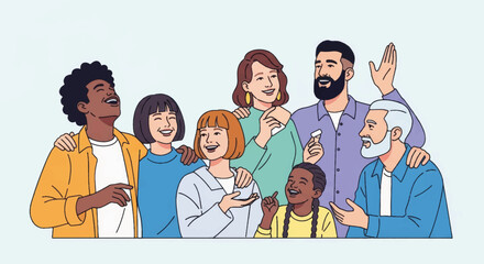 A diverse group of happy people smiling together. Vector illustration of community, friendship, and inclusion. Modern line art with flat colors