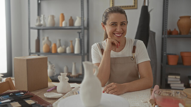 Middle aged artisan woman wearing beige apron touching chin next to a white ceramic vase on a wooden table in her studio workshop; serenity. - Powered by Adobe