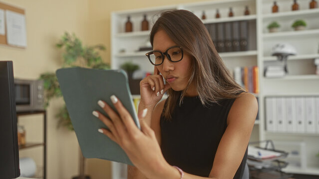 Thai woman wearing glasses holding a tablet folio and touching chin with finger while reading papers at desk in office building; contemplation focus.