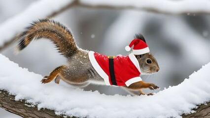 A squirrel dressed in a Christmas jacket jumps across a snowy surface, portrayed in sharp detail against a soft winter background.