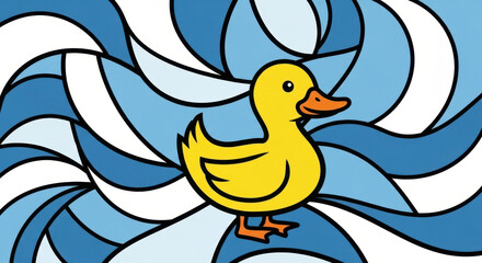 Cartoon duckling illustration yellow bird with orange beak on abstract blue background