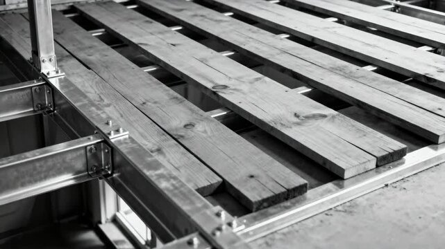 Elevated view of floor joists being laid over metal beams showcasing alignment and structural support in an upperlevel floor framework.