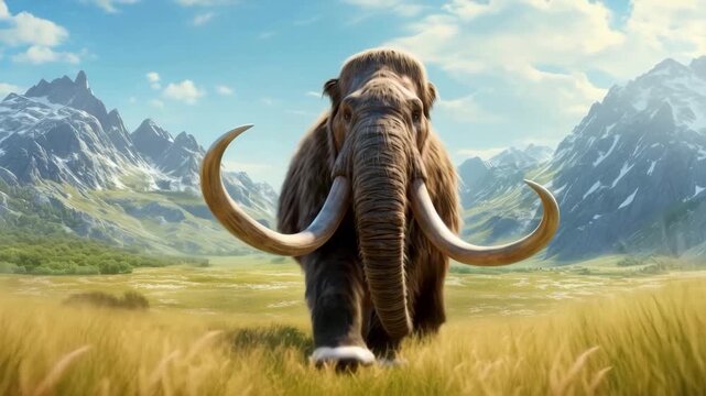 Woolly mammoth walking in open valley