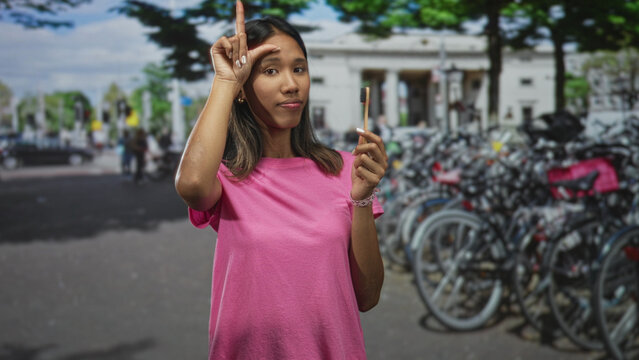 Young thai woman pointing finger and holding toothbrush on street with bicycle racks and building behind; dental care confidence.