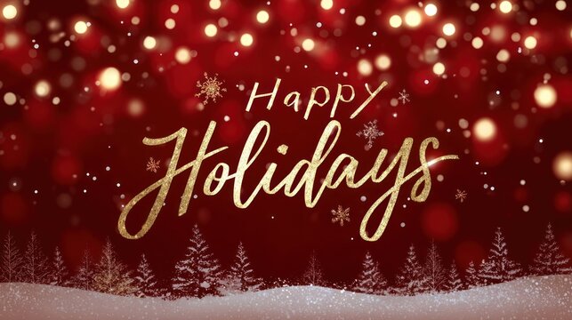 Gold holiday greeting text on red background with snowy landscape, glowing stars, and festive lights