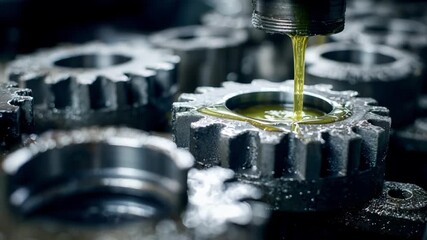 Medium shot focusing on organic biodegradable lubricant coating metal parts highlighting sustainable maintenance in manufacturing processes.