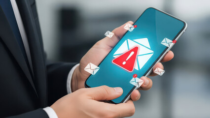 Person holding smartphone with email notification alert and warning symbol hand