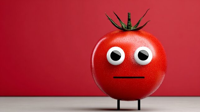 Cartoonish red tomato character with large eyes and a neutral expression, standing on a simple surface against a vibrant red background, showcasing playful food art and whimsical design
