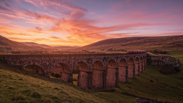 Sunset over a stone arch railway viaduct in a rural landscape with rolling hills and vibrant sky. - Powered by Adobe