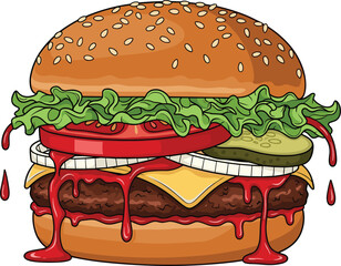 Juicy hamburger illustration, dripping ketchup, beef patty, melted cheese, lettuce, tomato, onion, pickles, sesame bun, food art, vector drawing